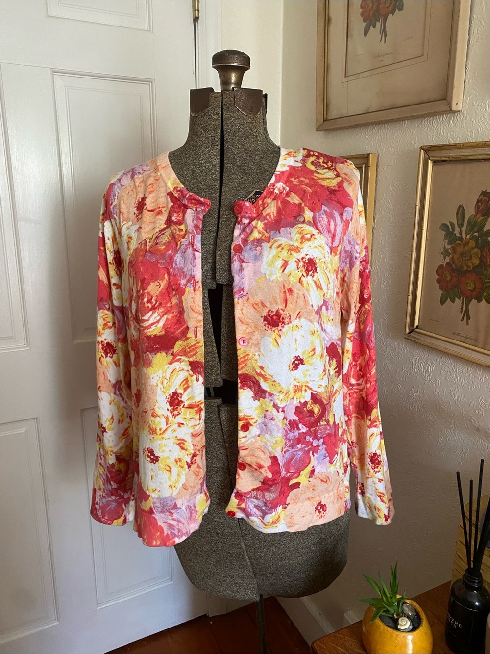Floral Open-Front Women's Cotton Cardigan in Pink & Yellow P XL cottagecore